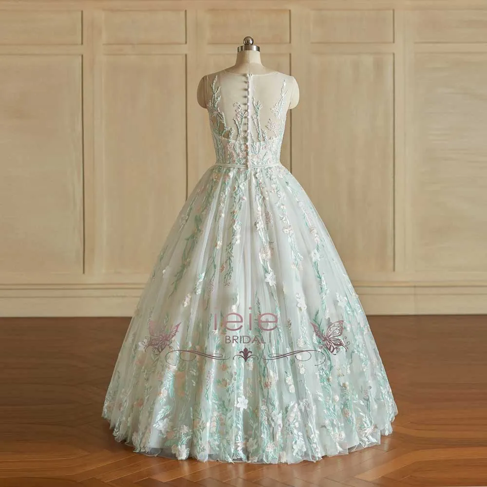 Pastel Color Floral Lace Ball Gown Wedding Dress | FLORENTIA