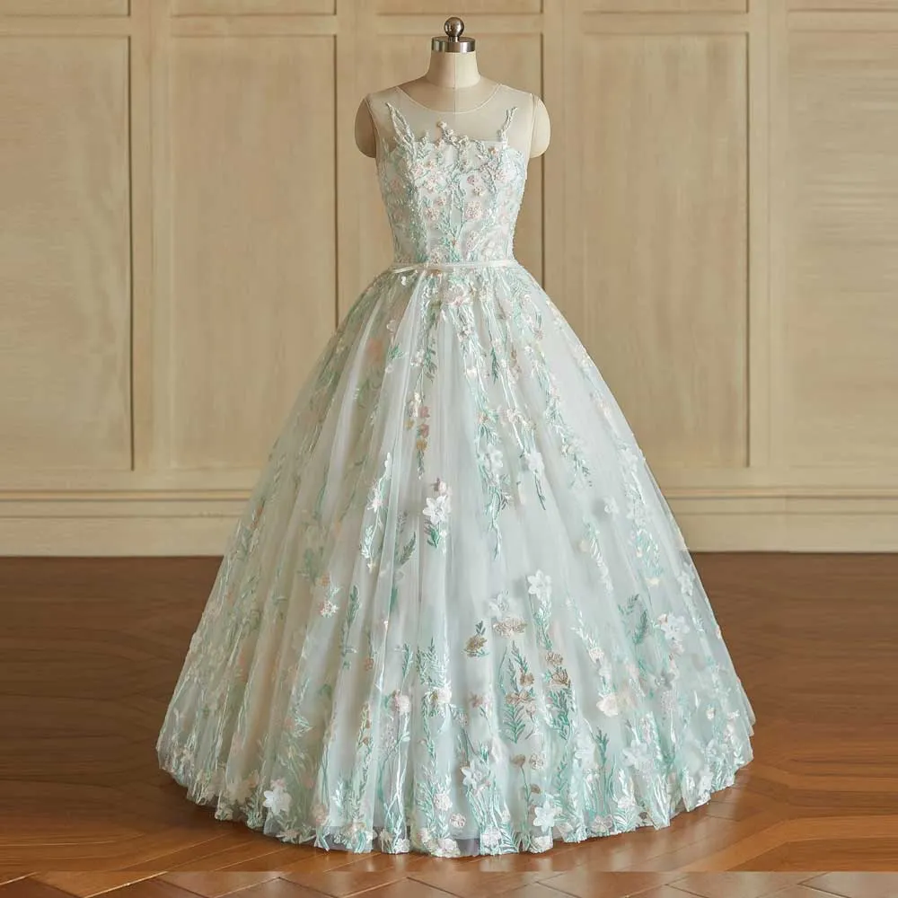 Pastel Color Floral Lace Ball Gown Wedding Dress | FLORENTIA