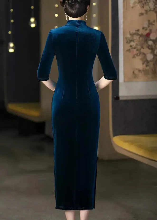 Peacock Blue Silk Velour Dresses Half Sleeve