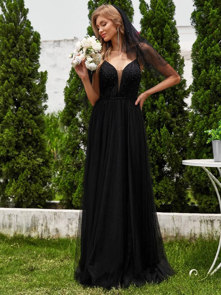Pearl Embellishments V-Neck A-Line Wedding Dresses with Spaghetti Strap
