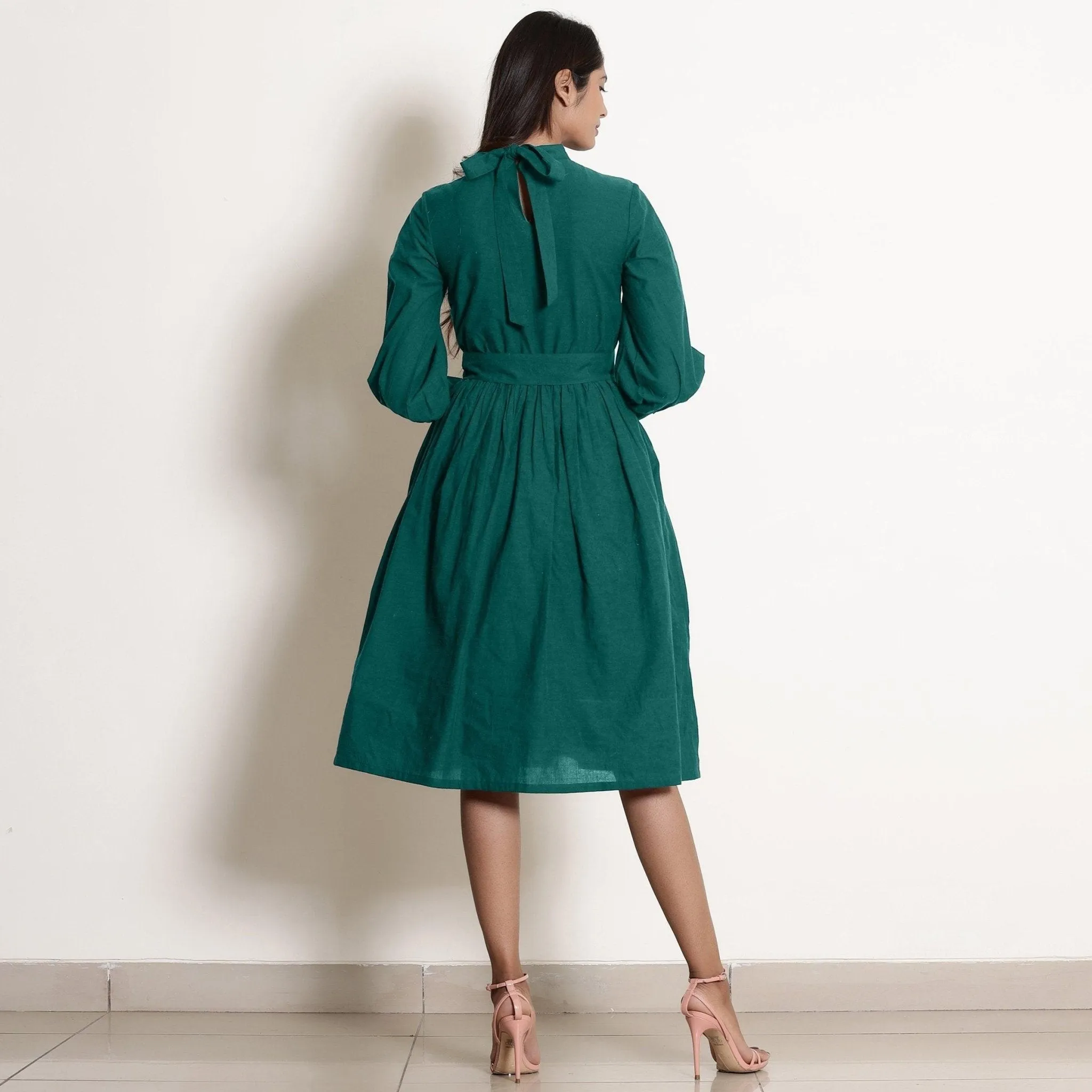 Pine Green Warm Cotton High Neck Knee Length Fit and Flare Dress