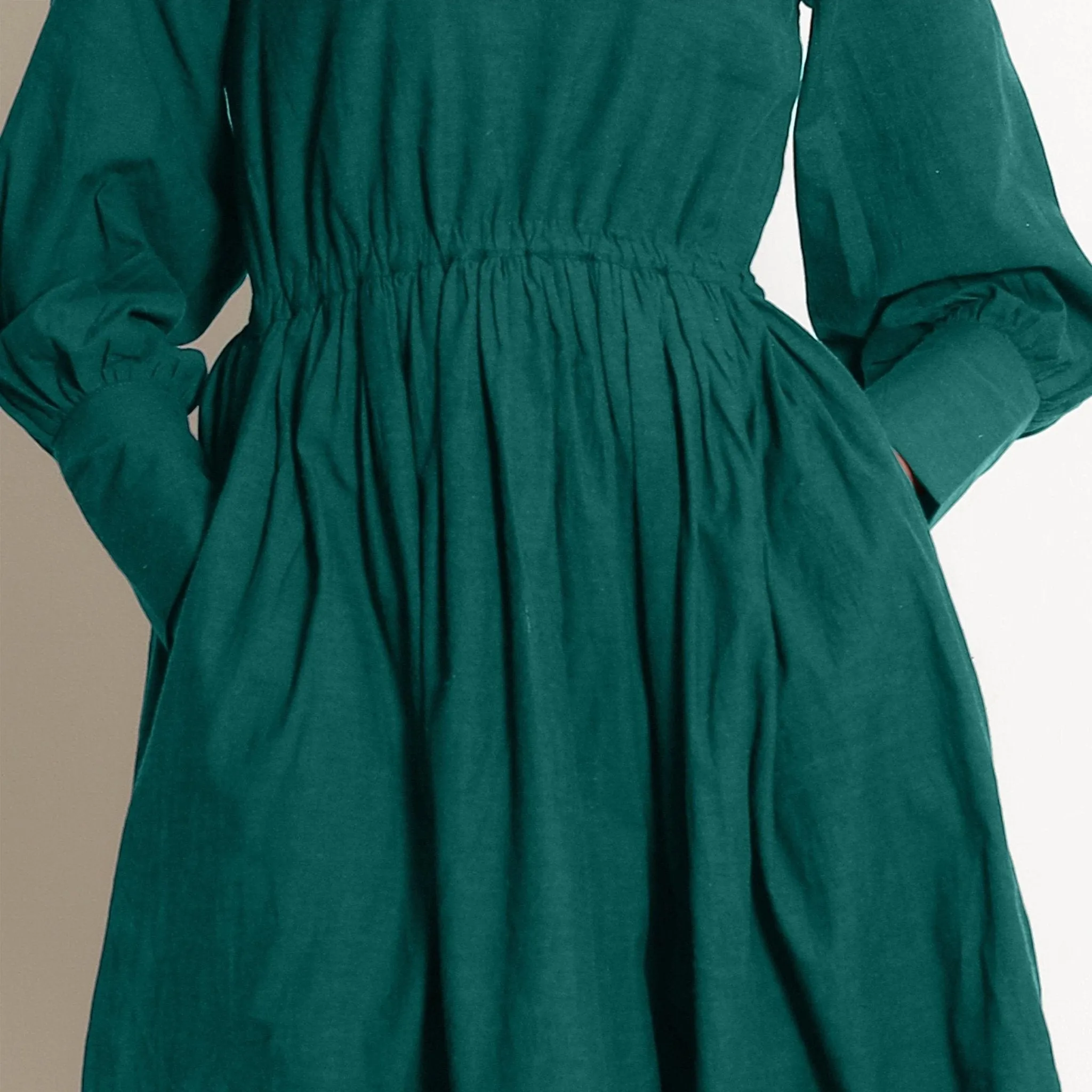 Pine Green Warm Cotton High Neck Knee Length Fit and Flare Dress