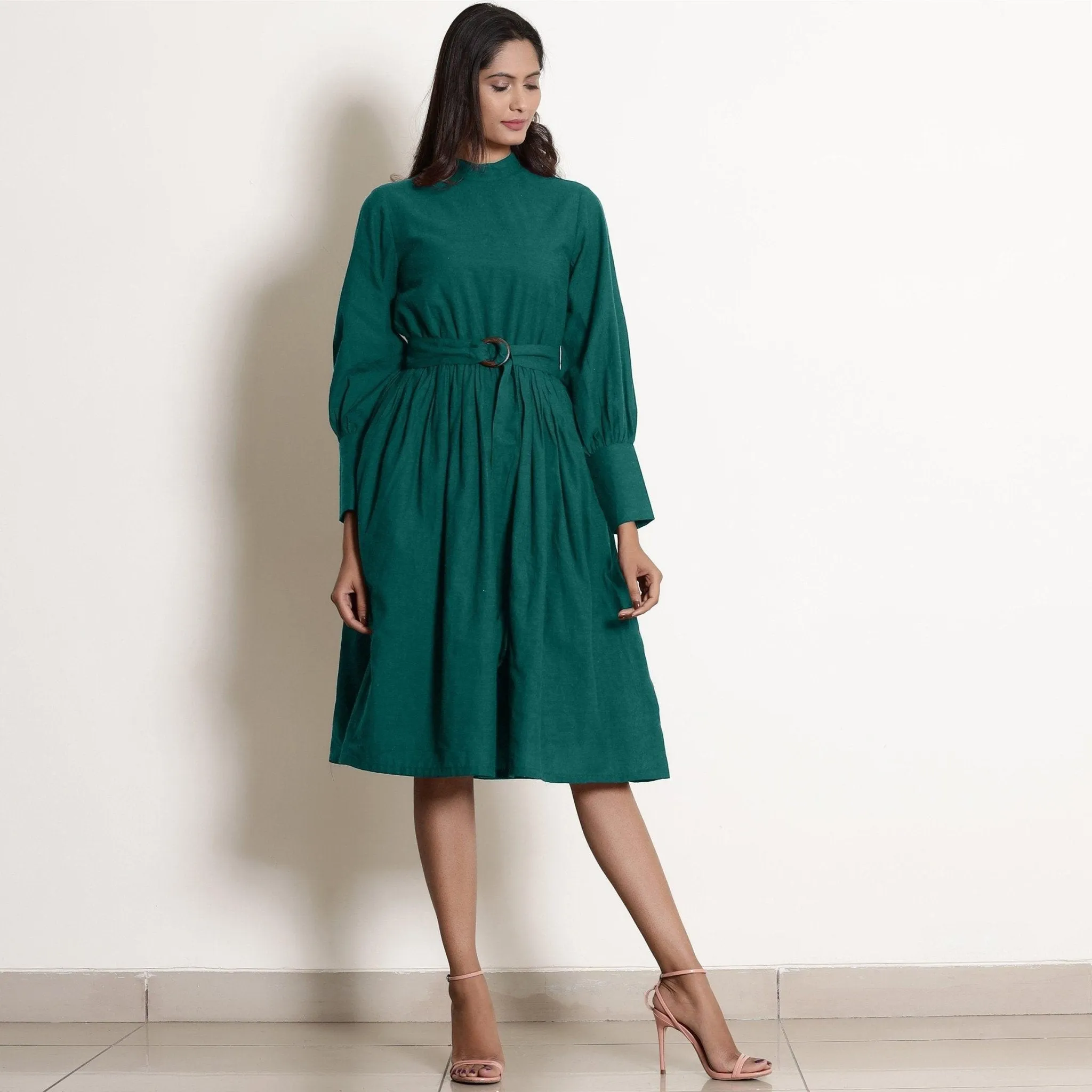 Pine Green Warm Cotton High Neck Knee Length Fit and Flare Dress