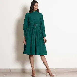 Pine Green Warm Cotton High Neck Knee Length Fit and Flare Dress