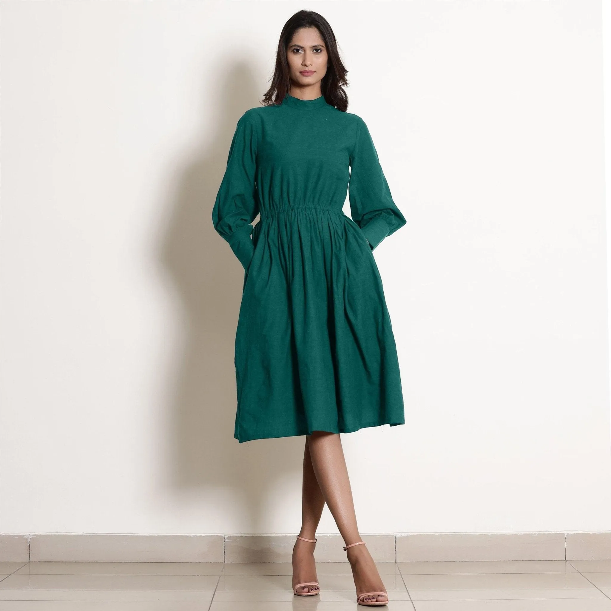 Pine Green Warm Cotton High Neck Knee Length Fit and Flare Dress