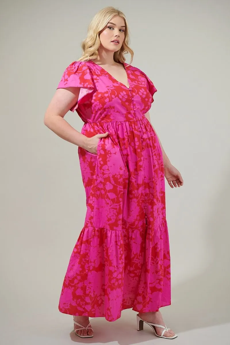 Pink & Red Floral Button Up Cotton Floral Maxi
