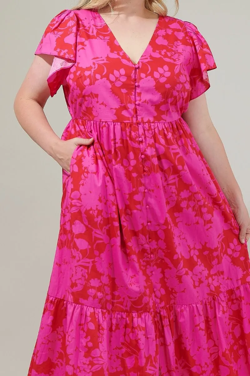 Pink & Red Floral Button Up Cotton Floral Maxi