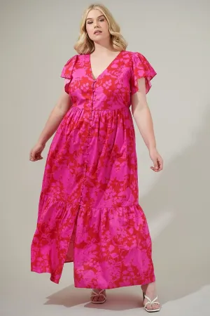 Pink & Red Floral Button Up Cotton Floral Maxi