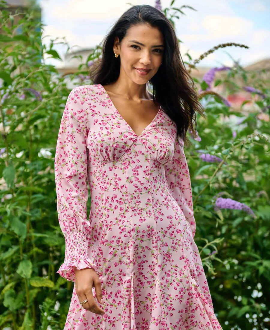 Pink Floral Long Sleeve Godet Mini Tea Dress