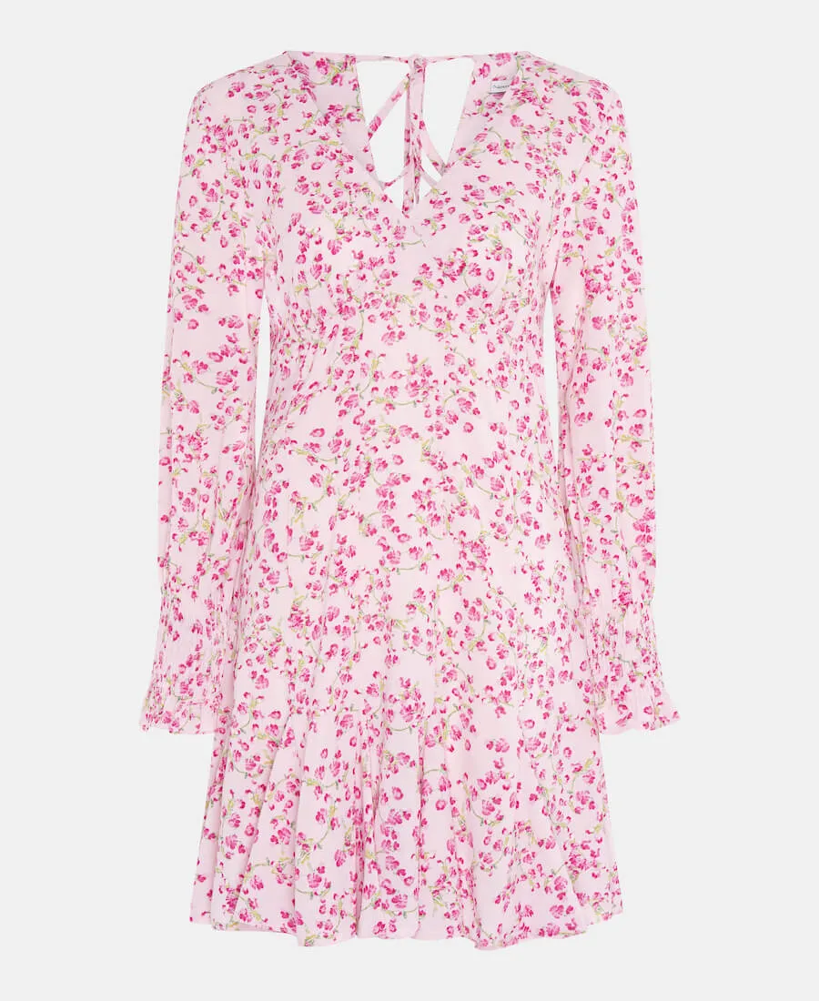 Pink Floral Long Sleeve Godet Mini Tea Dress