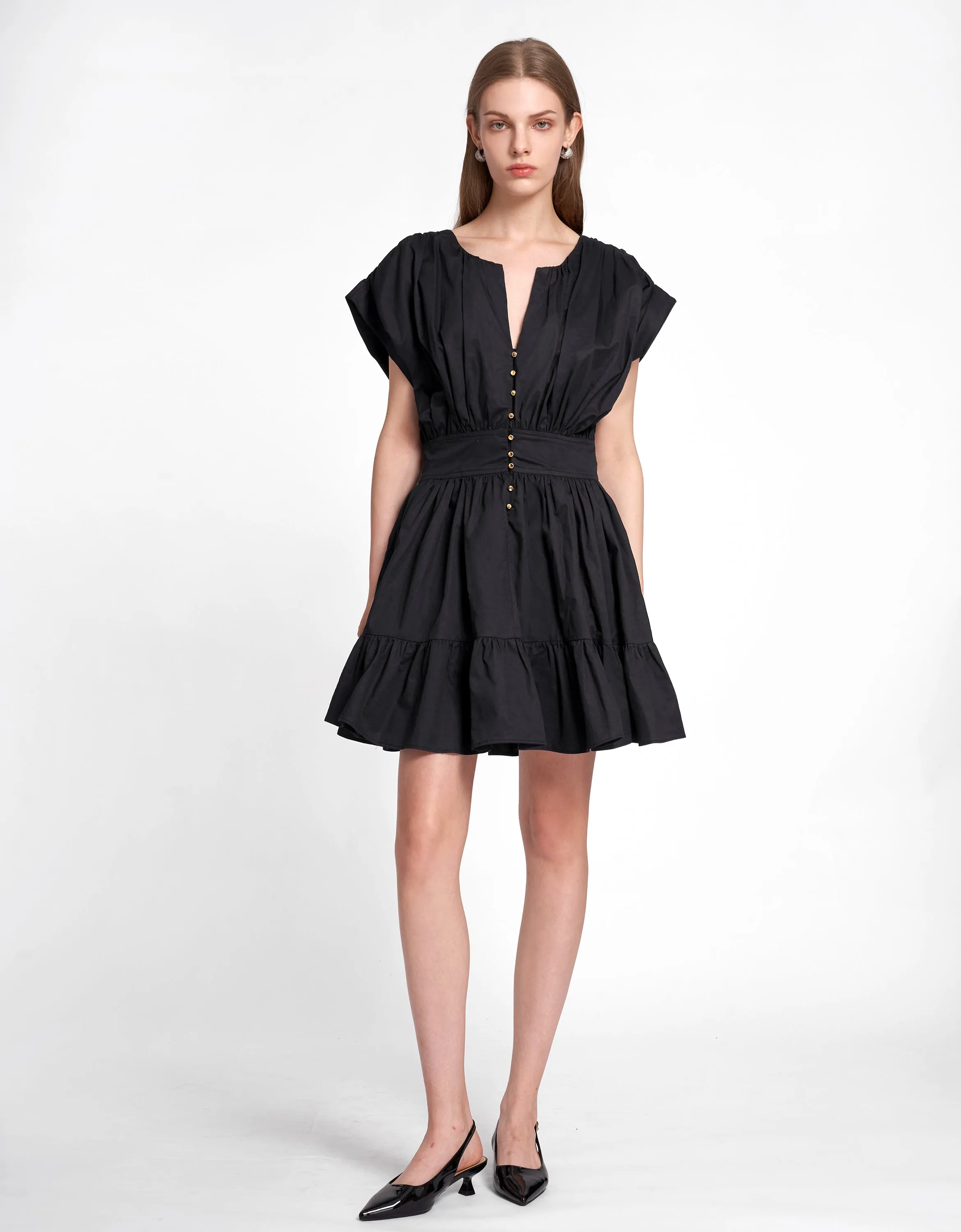 Pleated Structured Ruffled Hem Short Dress