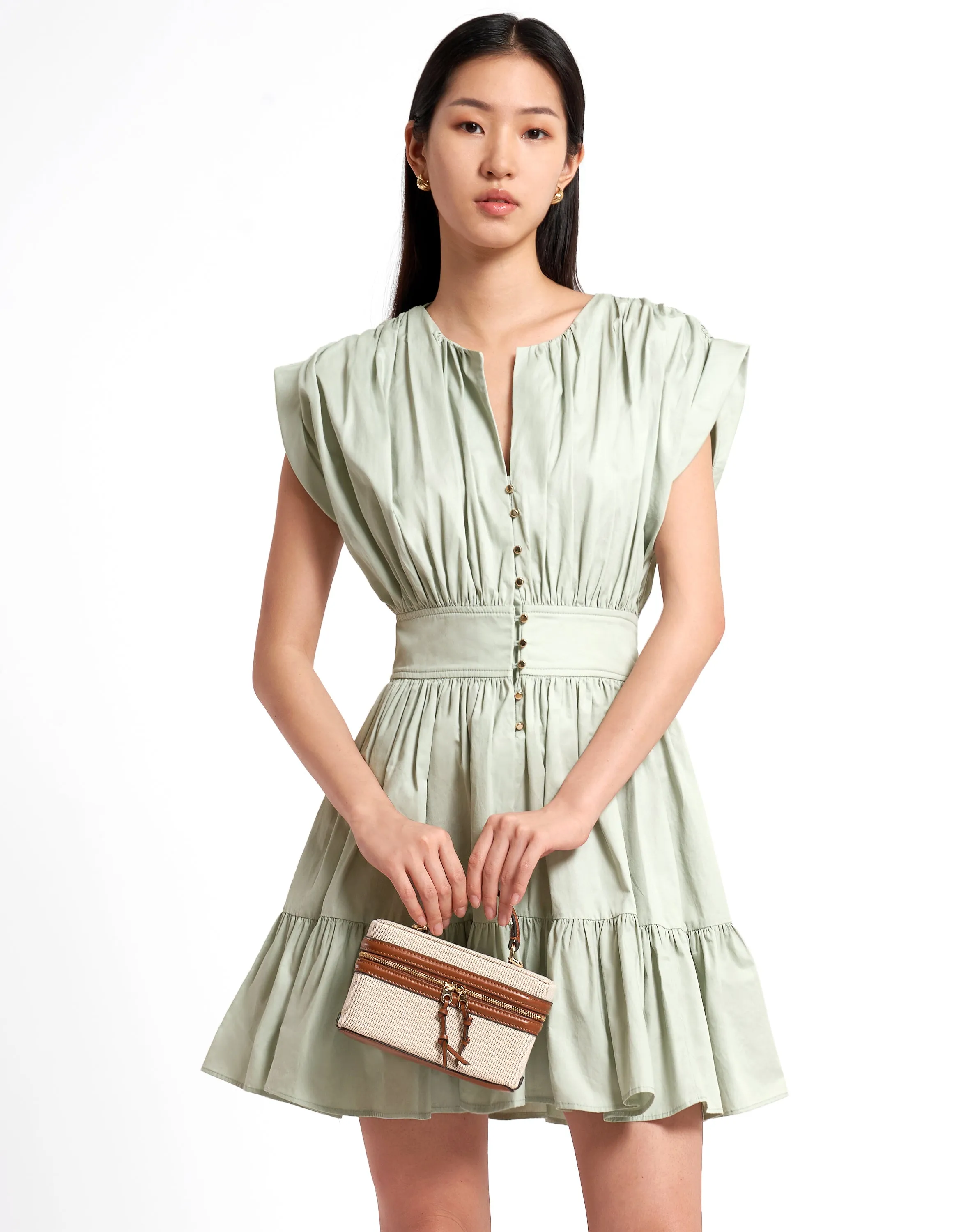 Pleated Structured Ruffled Hem Short Dress
