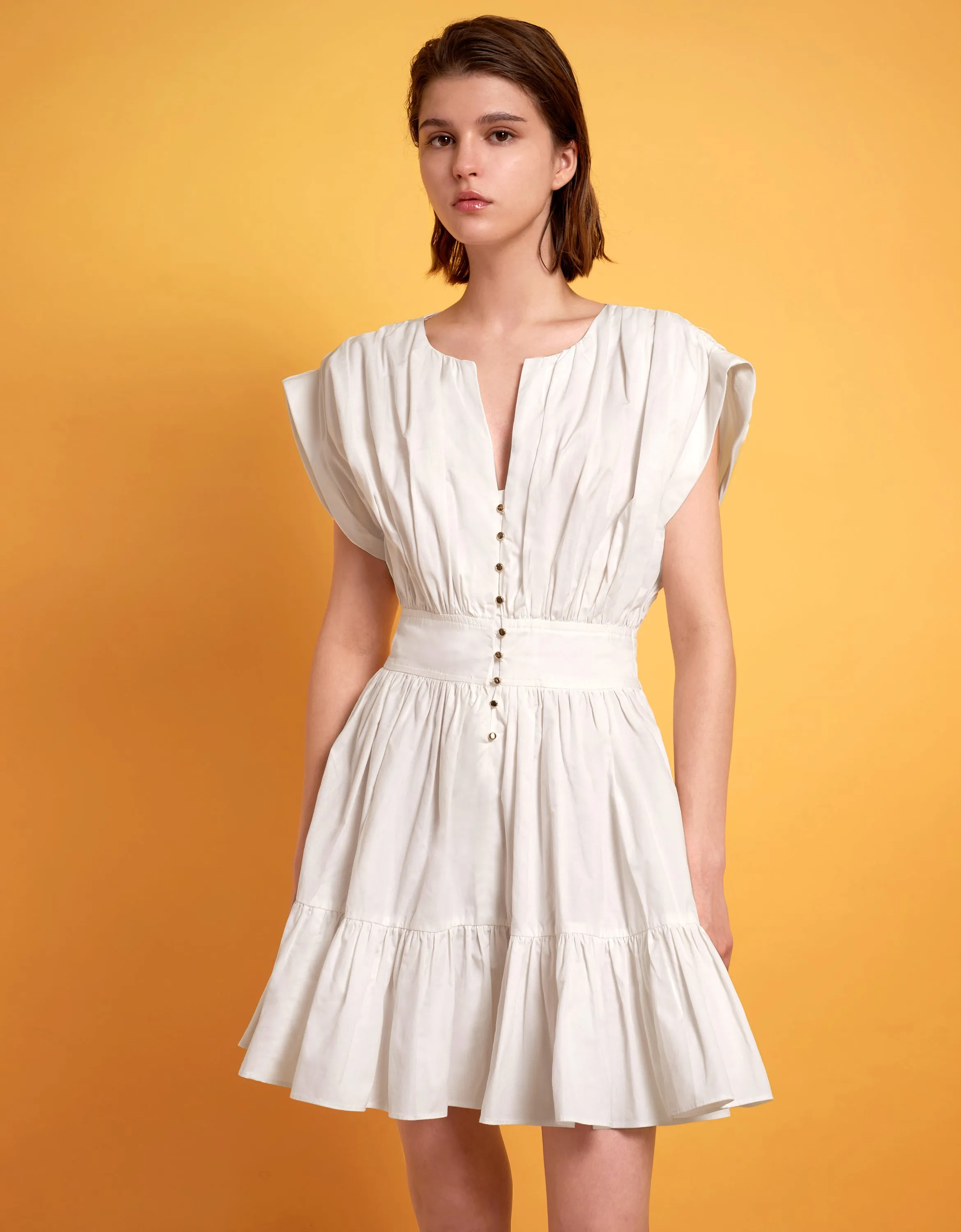 Pleated Structured Ruffled Hem Short Dress