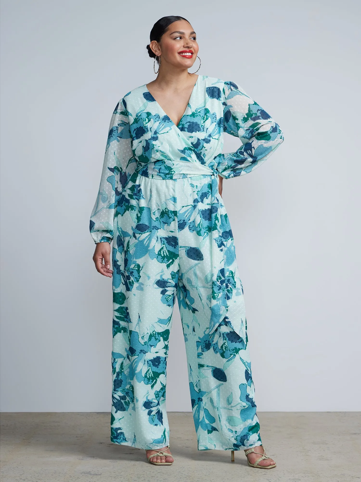 Plus Floral Surplice Neck Jumpsuit