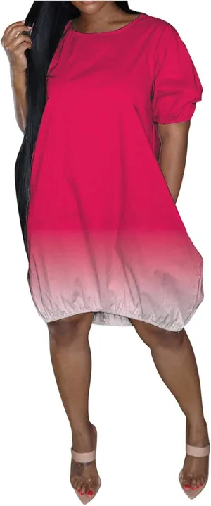 Plus Size Dresses for Curvy Women Round Neck Bubble Sleeve Ombre Casual Loose Fit Midi Flowy Comfy Dress Hot Pink
