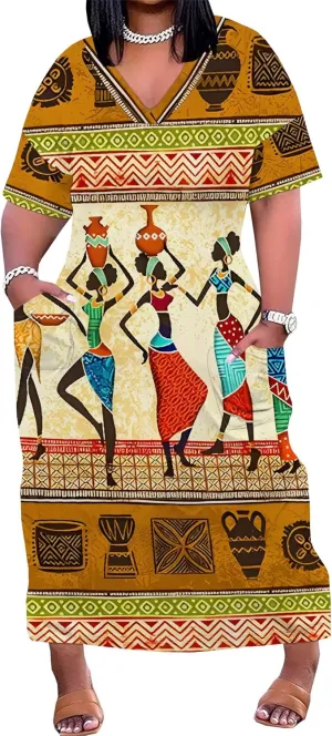 Plus Size Printed Tie-Dye Maxi Dress for Curvy Women V-Neck African Ethnic Style Dress Short Sleeves with Pockets