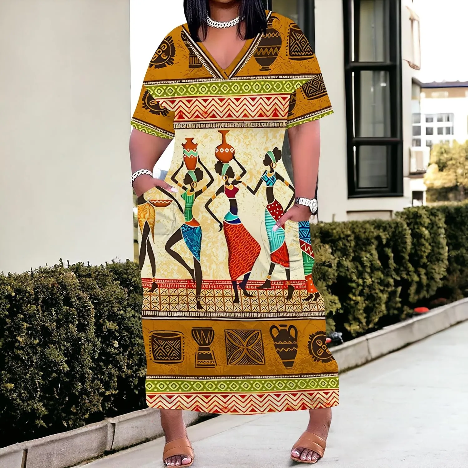 Plus Size Printed Tie-Dye Maxi Dress for Curvy Women V-Neck African Ethnic Style Dress Short Sleeves with Pockets