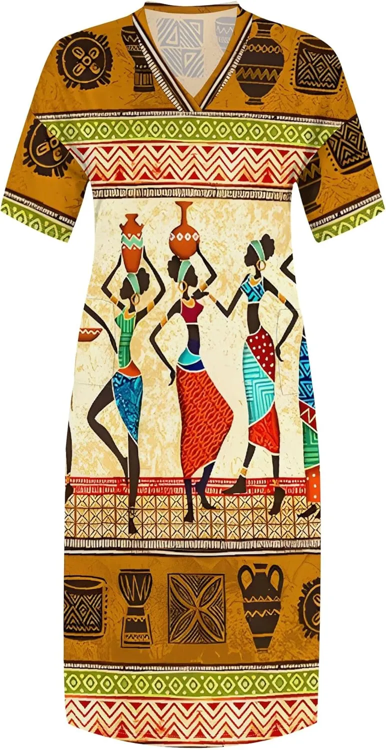 Plus Size Printed Tie-Dye Maxi Dress for Curvy Women V-Neck African Ethnic Style Dress Short Sleeves with Pockets