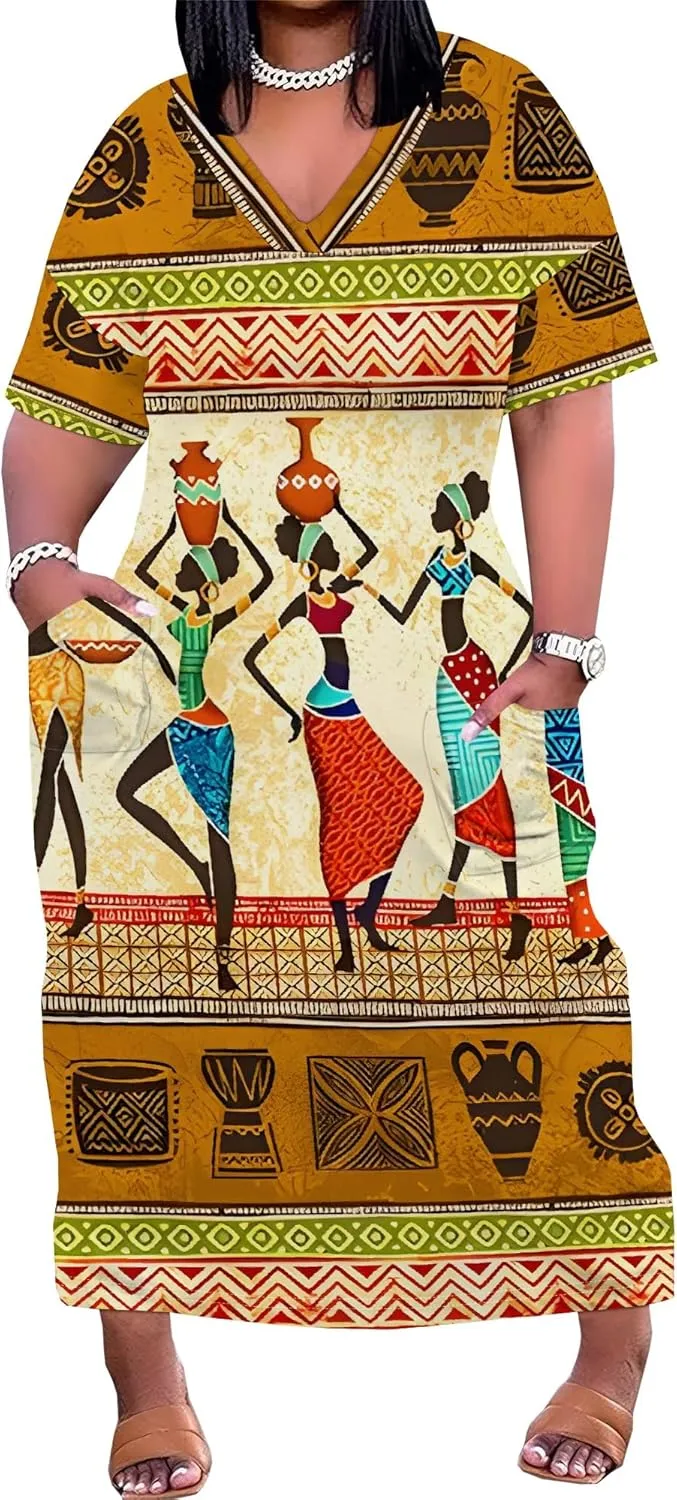 Plus Size Printed Tie-Dye Maxi Dress for Curvy Women V-Neck African Ethnic Style Dress Short Sleeves with Pockets