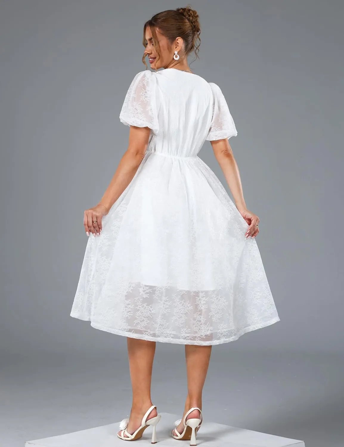 Plus Size Summer Dresses for Women 2025 V Neck Lace Midi Dress Semi Formal Short Sleeve Wedding Guest Cocktail Prom
