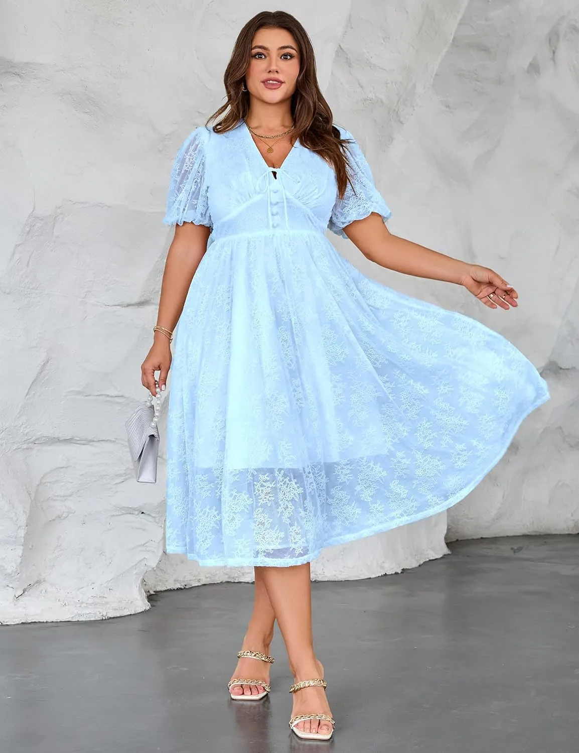 Plus Size Summer Dresses for Women 2025 V Neck Lace Midi Dress Semi Formal Short Sleeve Wedding Guest Cocktail Prom