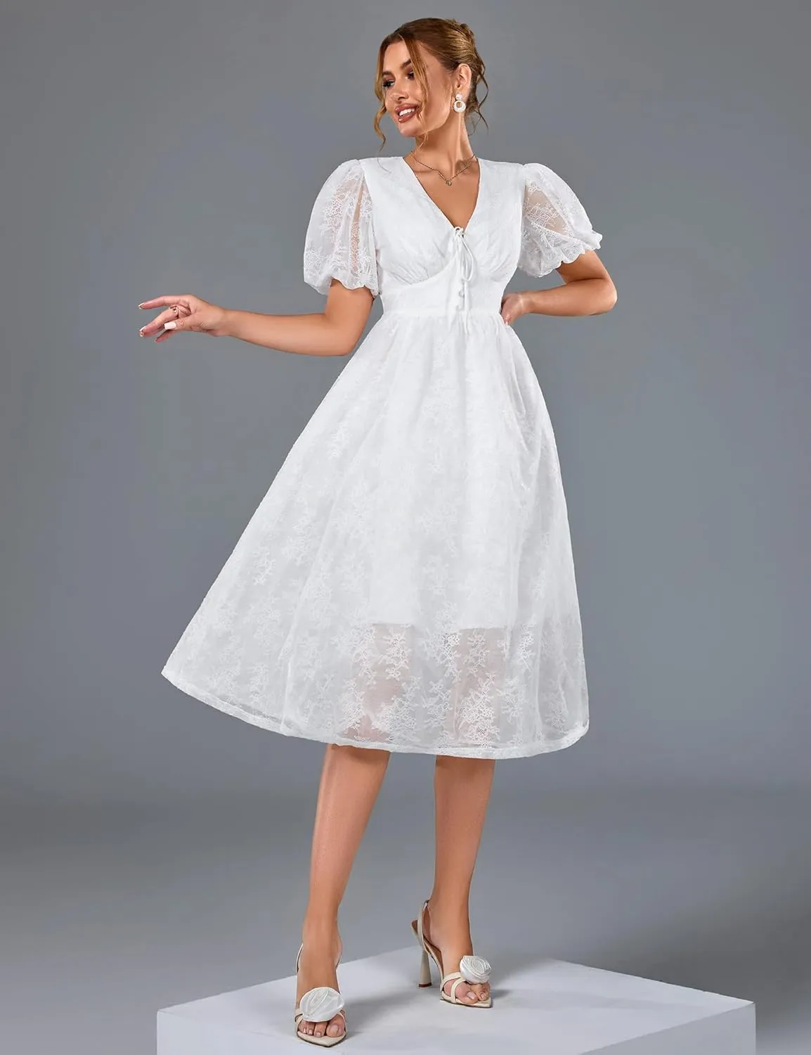 Plus Size Summer Dresses for Women 2025 V Neck Lace Midi Dress Semi Formal Short Sleeve Wedding Guest Cocktail Prom