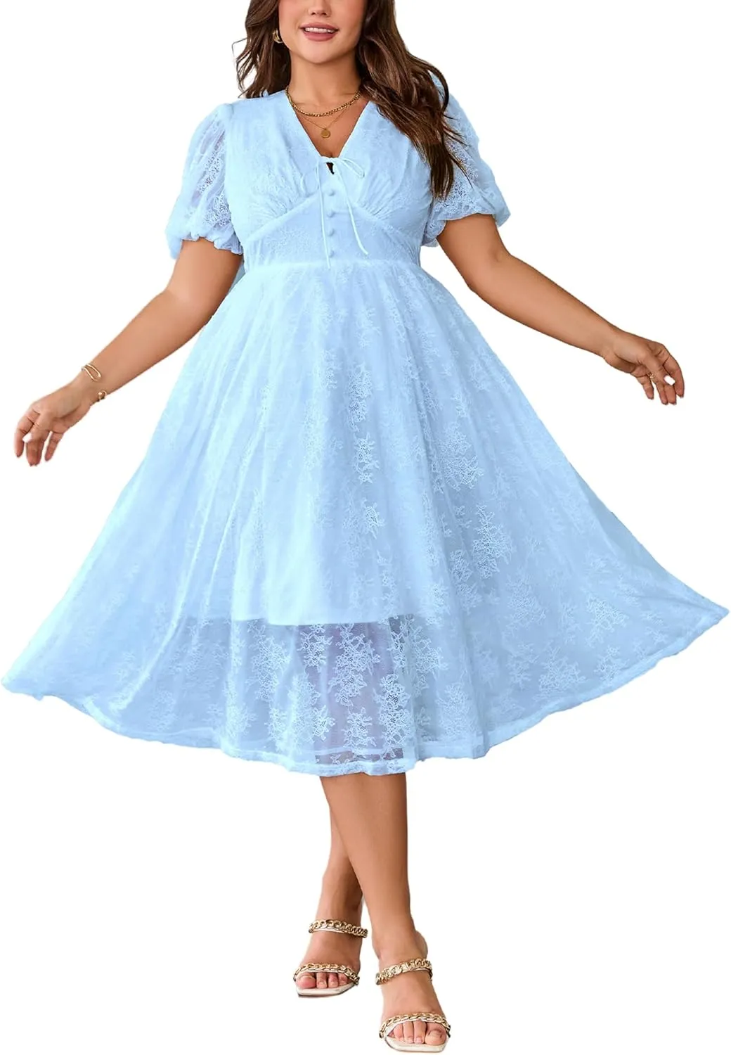 Plus Size Summer Dresses for Women 2025 V Neck Lace Midi Dress Semi Formal Short Sleeve Wedding Guest Cocktail Prom