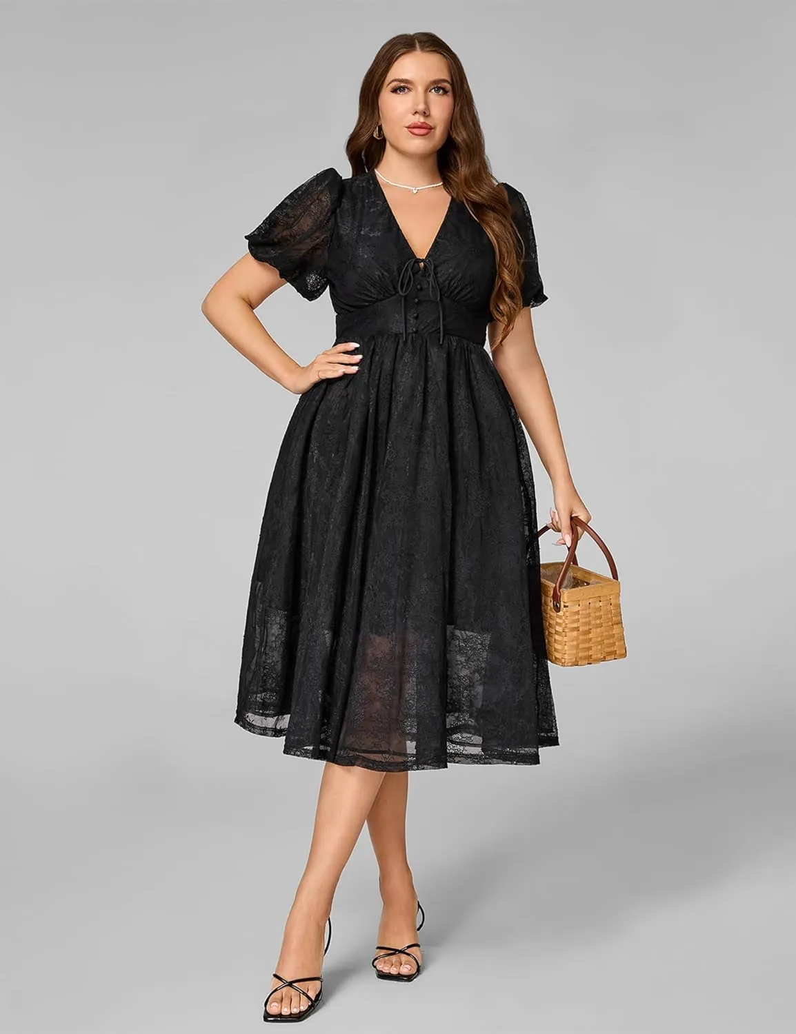 Plus Size Summer Dresses for Women 2025 V Neck Lace Midi Dress Semi Formal Short Sleeve Wedding Guest Cocktail Prom