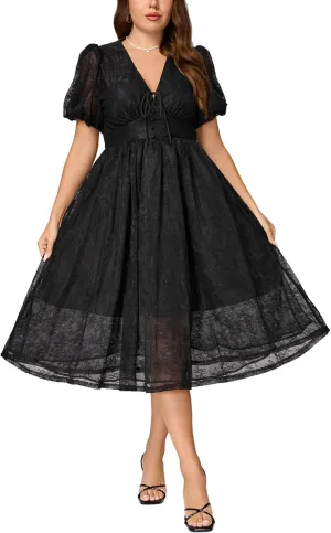 Plus Size Summer Dresses for Women 2025 V Neck Lace Midi Dress Semi Formal Short Sleeve Wedding Guest Cocktail Prom