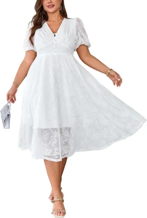 Plus Size Summer Dresses for Women 2025 V Neck Lace Midi Dress Semi Formal Short Sleeve Wedding Guest Cocktail Prom