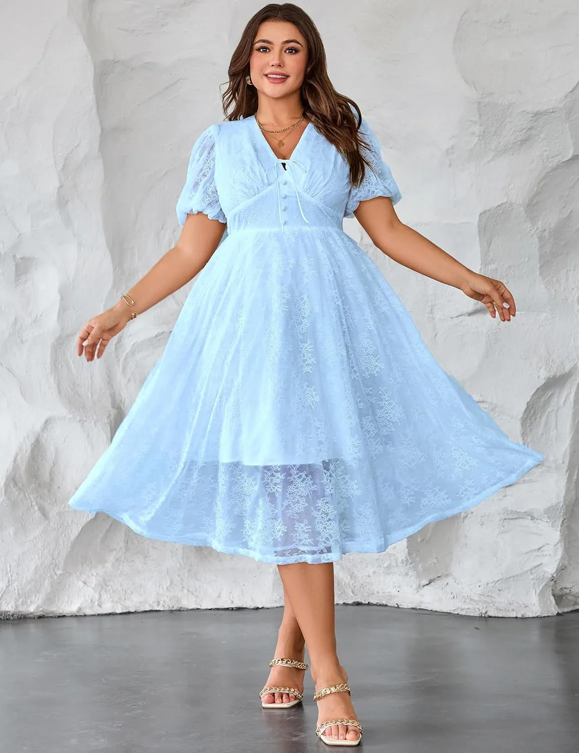 Plus Size Summer Dresses for Women 2025 V Neck Lace Midi Dress Semi Formal Short Sleeve Wedding Guest Cocktail Prom
