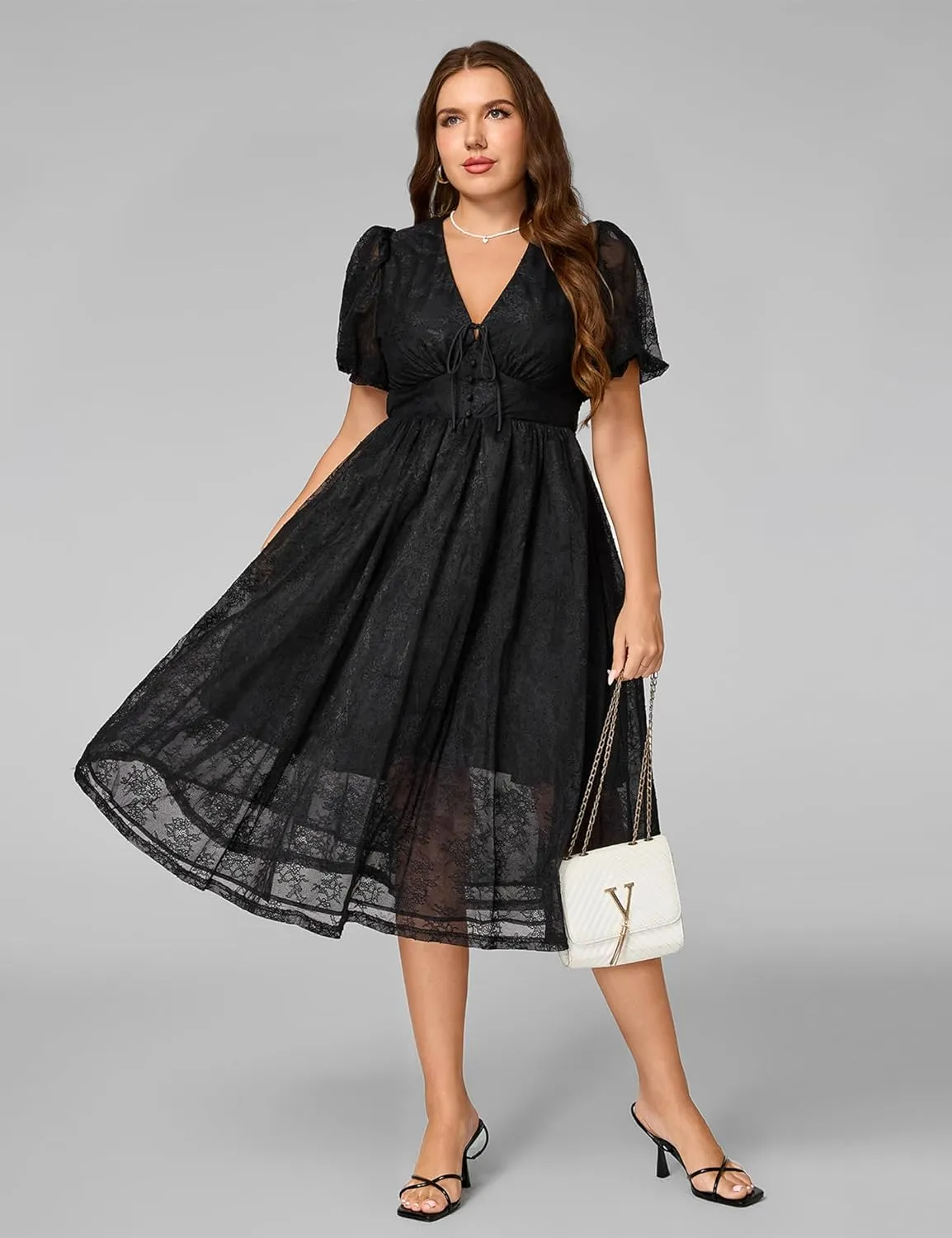 Plus Size Summer Dresses for Women 2025 V Neck Lace Midi Dress Semi Formal Short Sleeve Wedding Guest Cocktail Prom