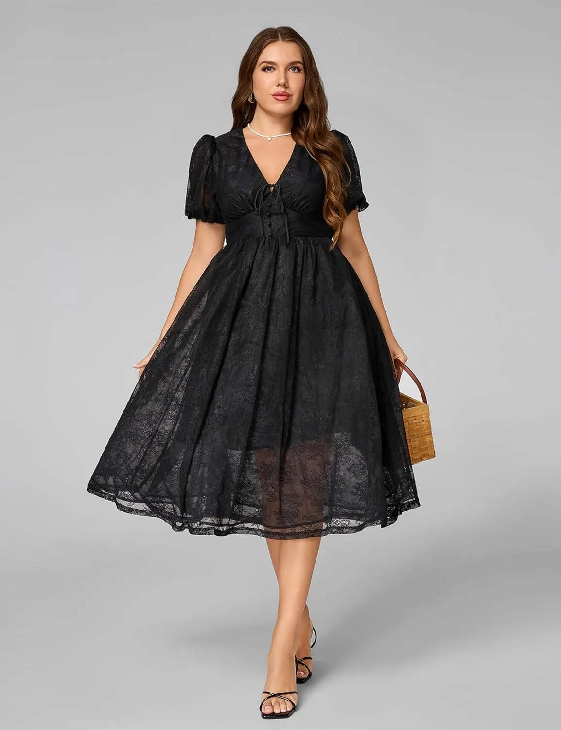 Plus Size Summer Dresses for Women 2025 V Neck Lace Midi Dress Semi Formal Short Sleeve Wedding Guest Cocktail Prom