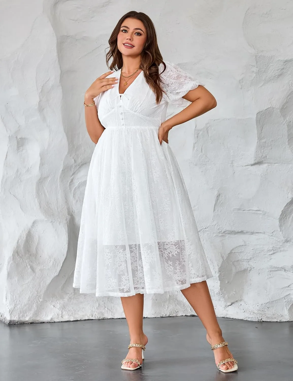 Plus Size Summer Dresses for Women 2025 V Neck Lace Midi Dress Semi Formal Short Sleeve Wedding Guest Cocktail Prom