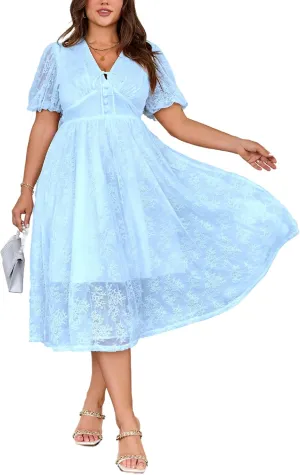 Plus Size Summer Dresses for Women 2025 V Neck Lace Midi Dress Semi Formal Short Sleeve Wedding Guest Cocktail Prom