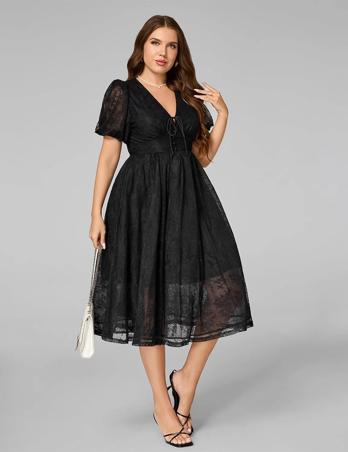 Plus Size Summer Dresses for Women 2025 V Neck Lace Midi Dress Semi Formal Short Sleeve Wedding Guest Cocktail Prom
