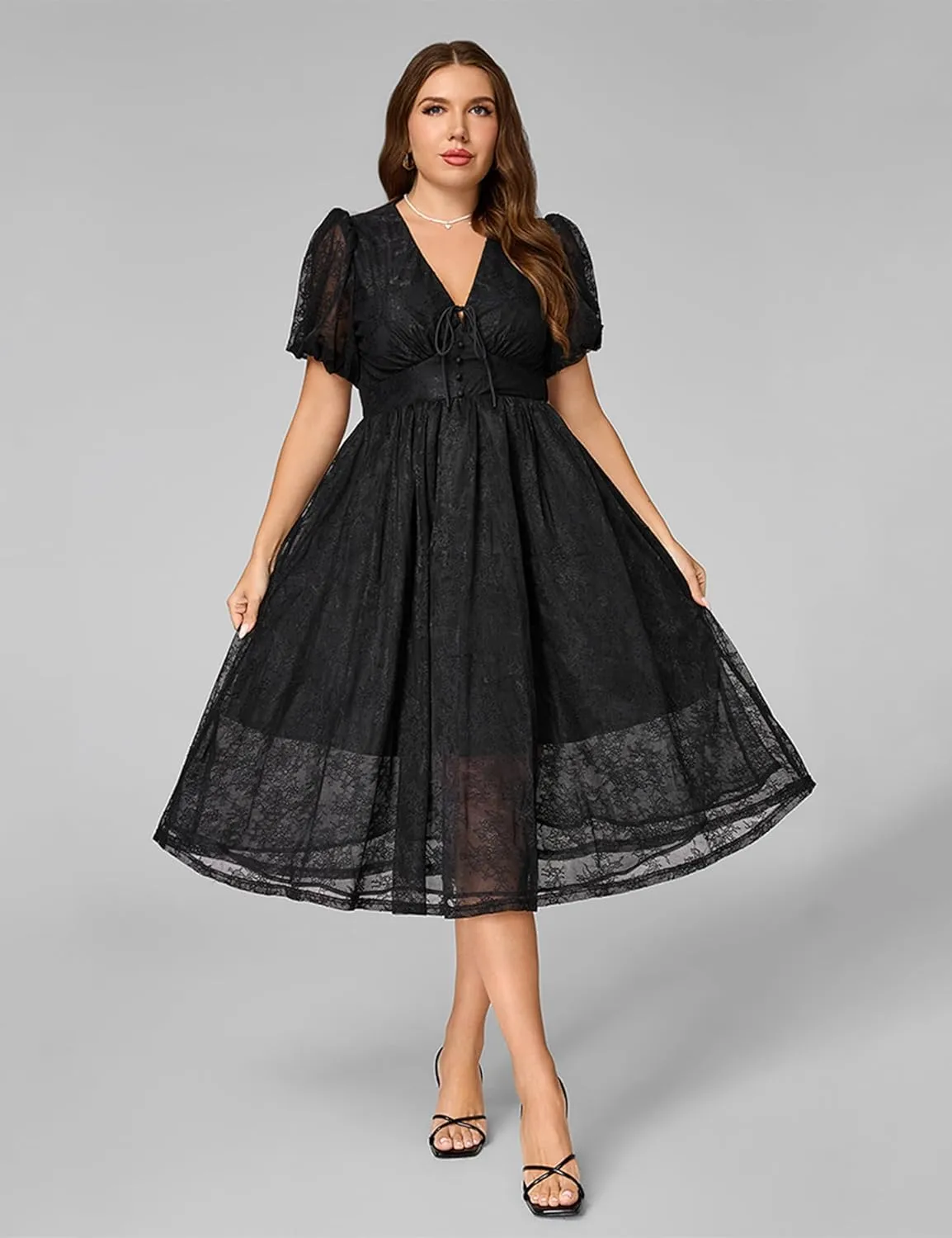 Plus Size Summer Dresses for Women 2025 V Neck Lace Midi Dress Semi Formal Short Sleeve Wedding Guest Cocktail Prom