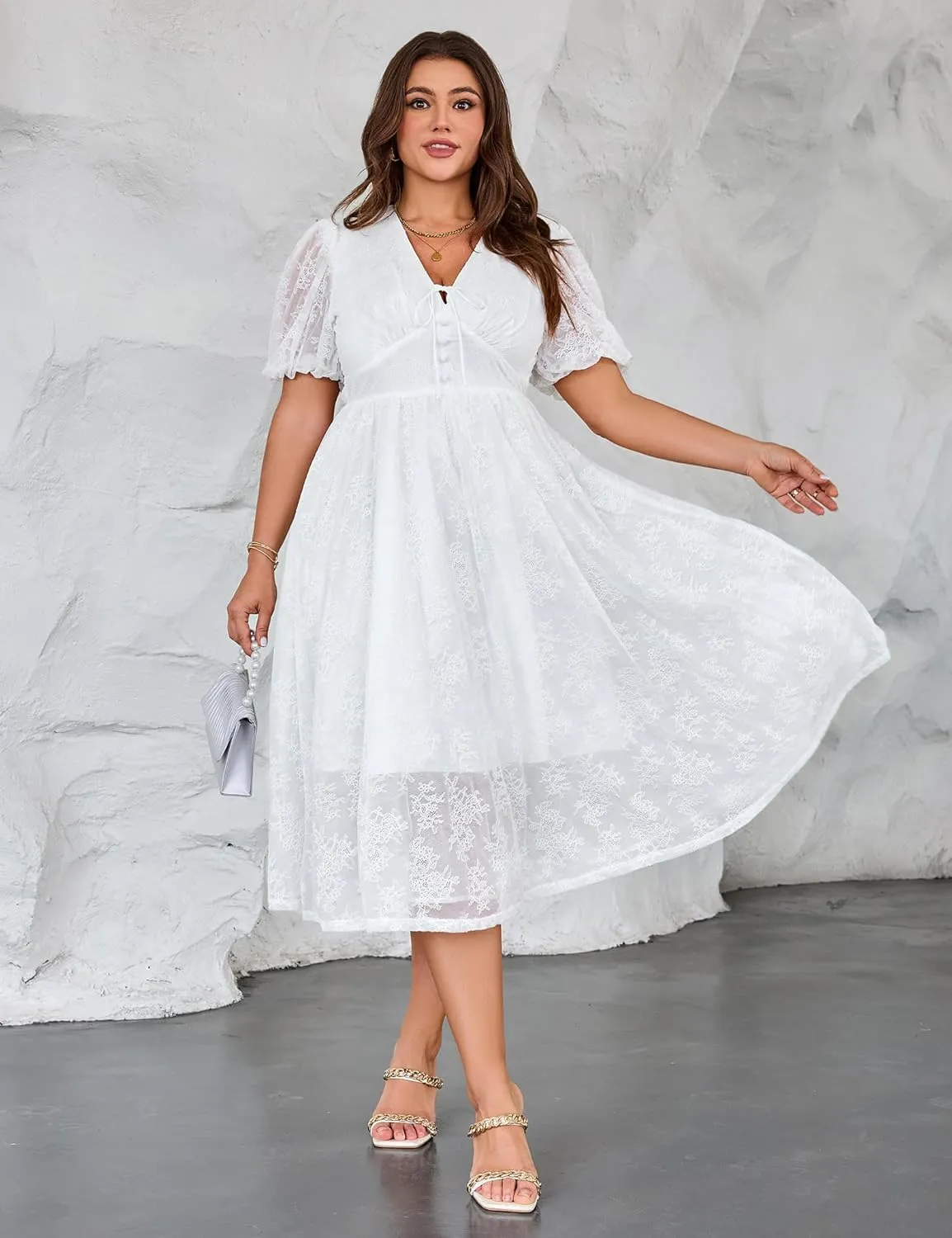 Plus Size Summer Dresses for Women 2025 V Neck Lace Midi Dress Semi Formal Short Sleeve Wedding Guest Cocktail Prom