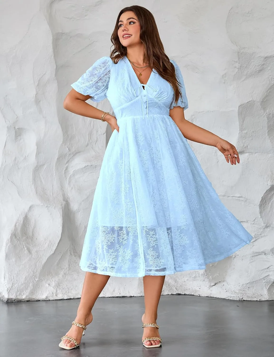 Plus Size Summer Dresses for Women 2025 V Neck Lace Midi Dress Semi Formal Short Sleeve Wedding Guest Cocktail Prom