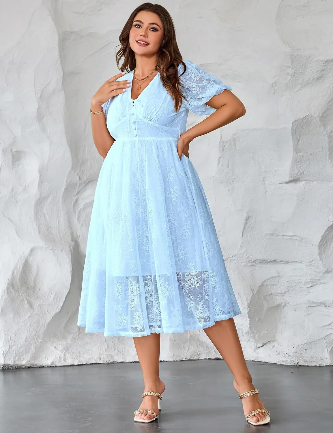 Plus Size Summer Dresses for Women 2025 V Neck Lace Midi Dress Semi Formal Short Sleeve Wedding Guest Cocktail Prom