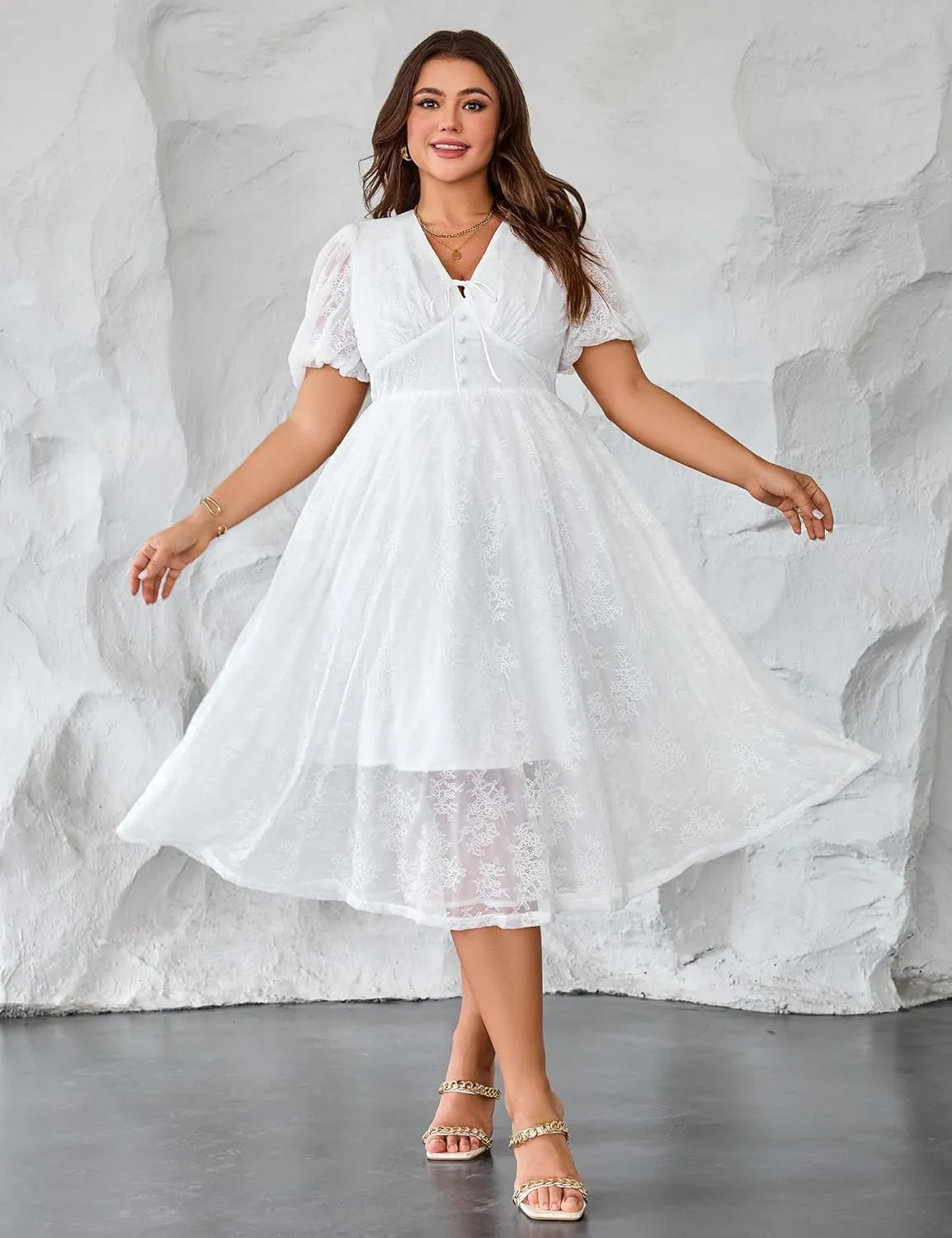 Plus Size Summer Dresses for Women 2025 V Neck Lace Midi Dress Semi Formal Short Sleeve Wedding Guest Cocktail Prom