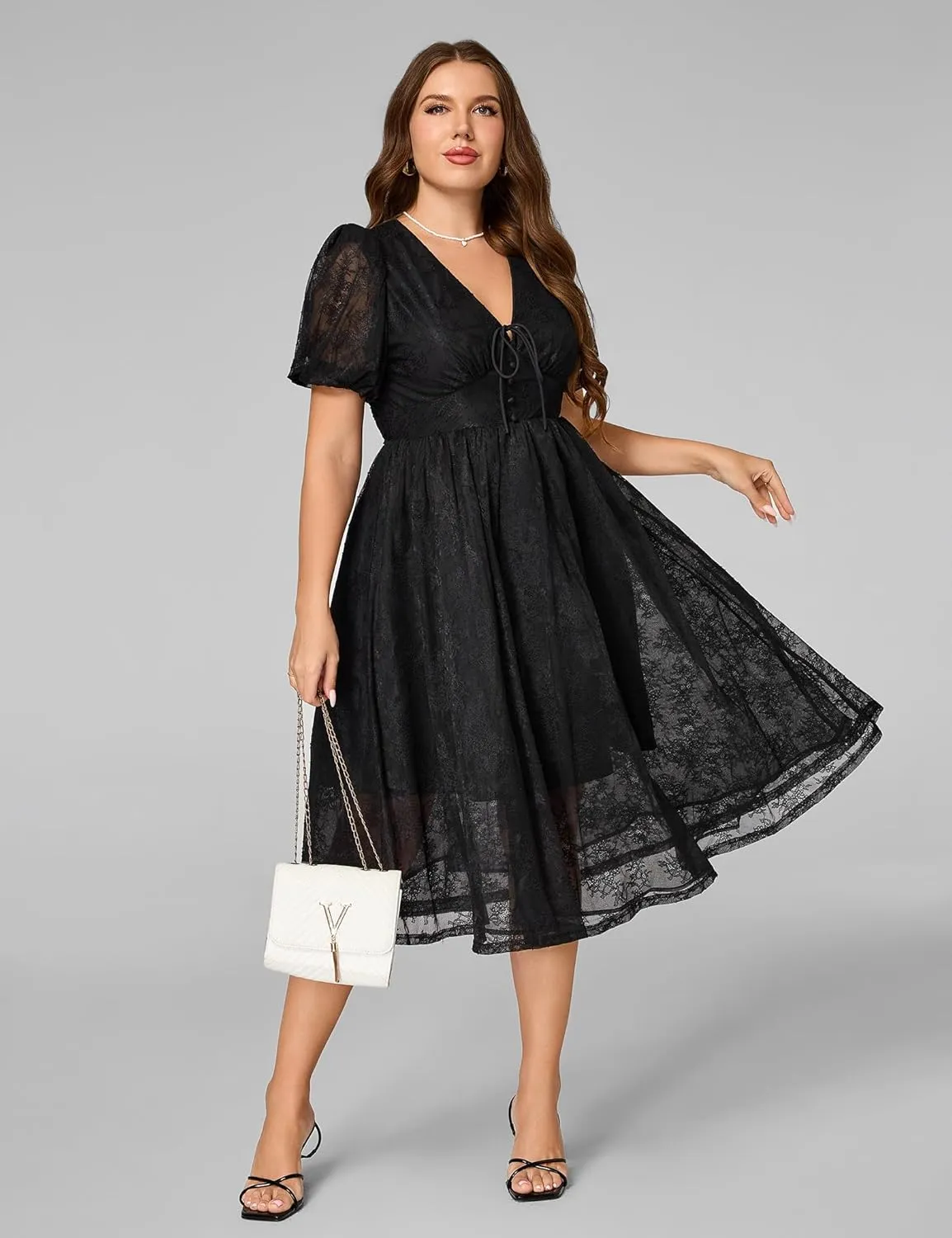 Plus Size Summer Dresses for Women 2025 V Neck Lace Midi Dress Semi Formal Short Sleeve Wedding Guest Cocktail Prom