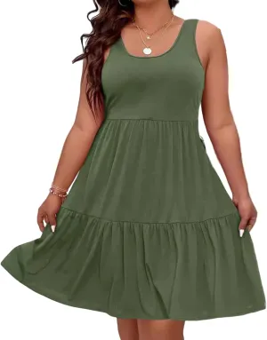Plus Size Summer Dresses,Sleeveless Midi A Line Tiered Dress for Beach Vacation