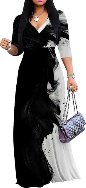 Plus Size Women's Maxi Dress Colorful Printed Maxi Dress Bohemian Casual Summer Sundress V Neck 3/4 Sleeves