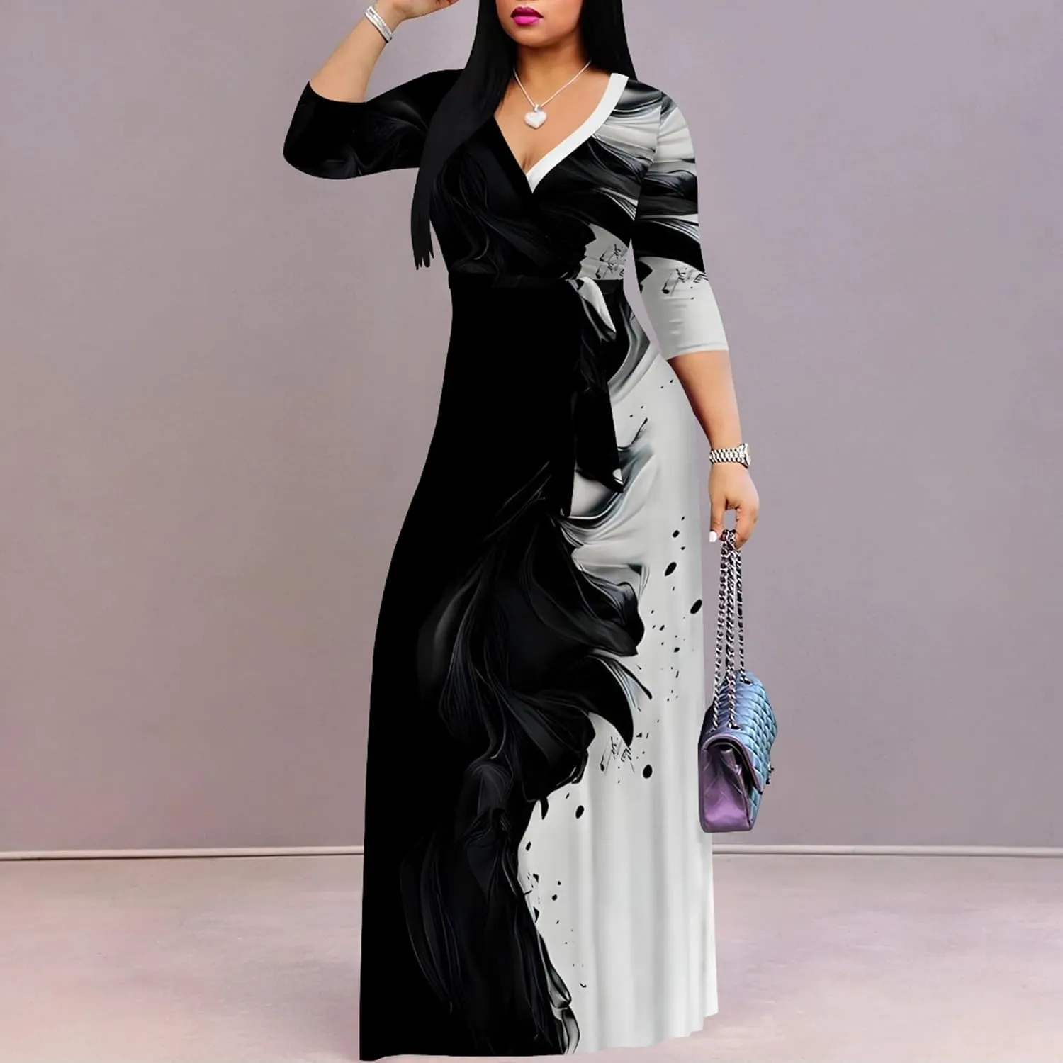 Plus Size Women's Maxi Dress Colorful Printed Maxi Dress Bohemian Casual Summer Sundress V Neck 3/4 Sleeves