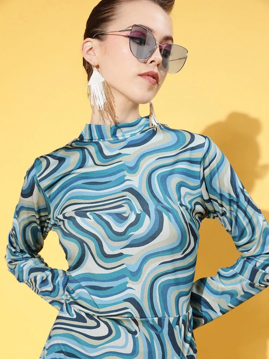 plusS Women Stylish Blue Abstract Digital Warping Dress