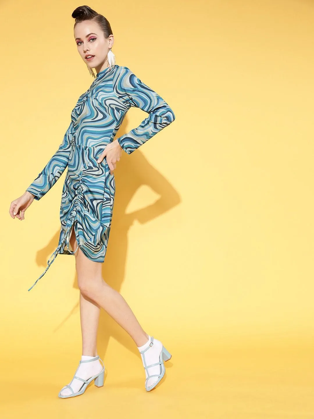 plusS Women Stylish Blue Abstract Digital Warping Dress