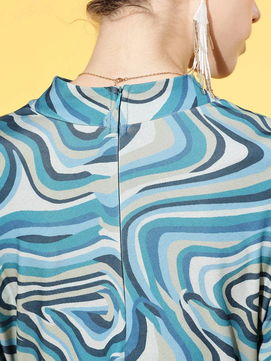 plusS Women Stylish Blue Abstract Digital Warping Dress