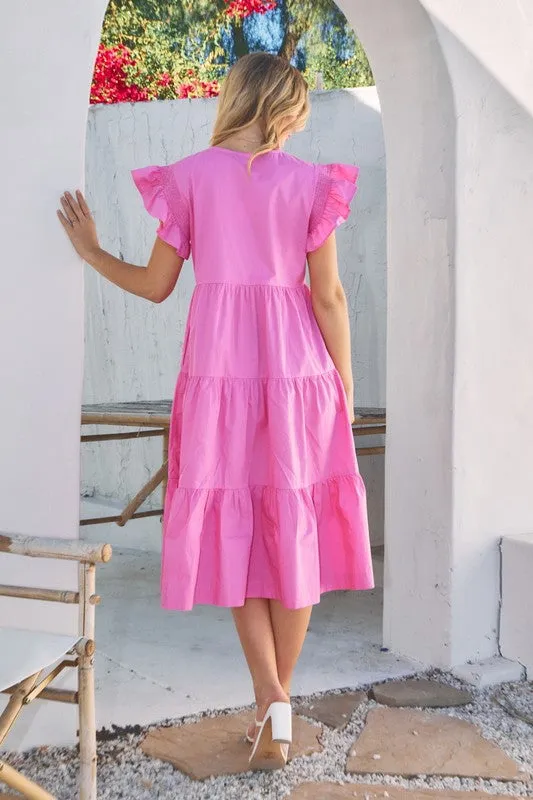 Poplin Tiered Midi Shirt Dress in Pink