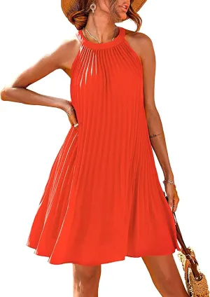 PRETTYGARDEN Women's Cute Halter Neck Sleeveless Mini Dress Solid Color Flowy Pleated Beach Dress Sundress